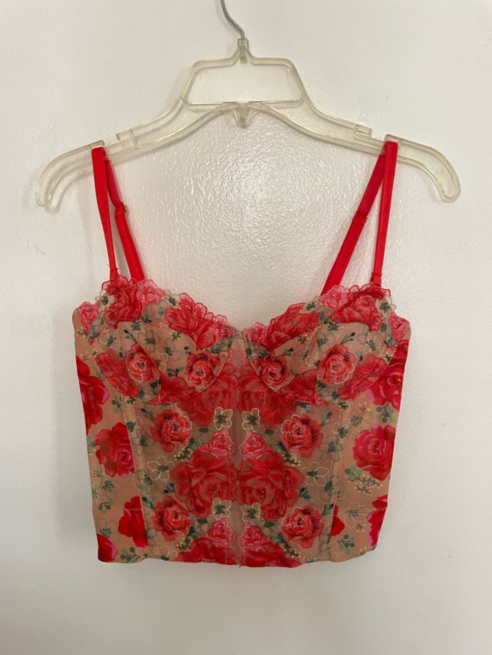 Floral Lace Sheer Bustier Top in Red